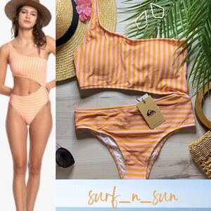 Quicksilver Asymmetrical One Shoulder Striped Coral One Piece Swimsuit